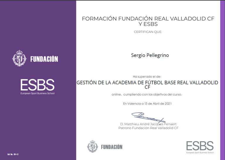 DIPLOMA CF REAL VALLADOLID GESTIONE SETTORE GIOVANILE